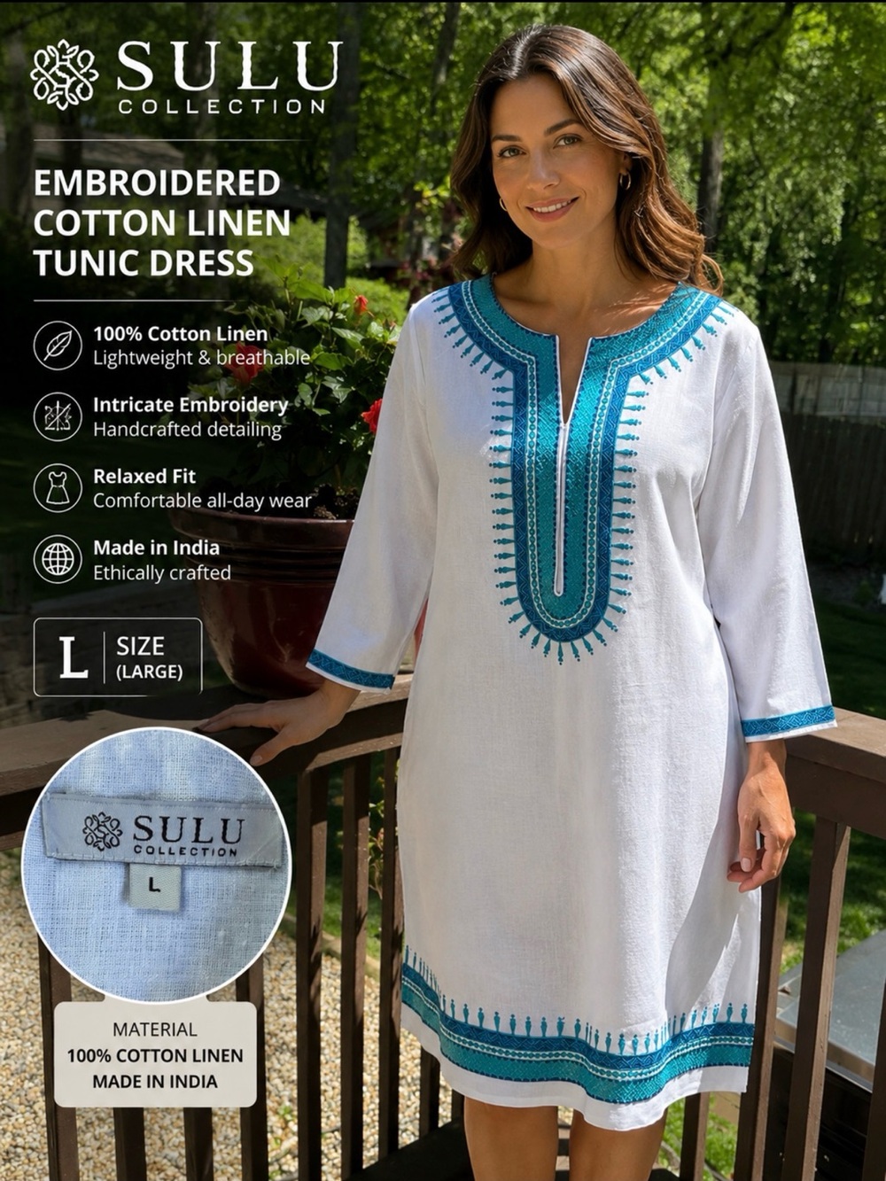Sulu White/Blue Embroidered 3/4 Sleeve Caftan Tunic Mini Dress size L